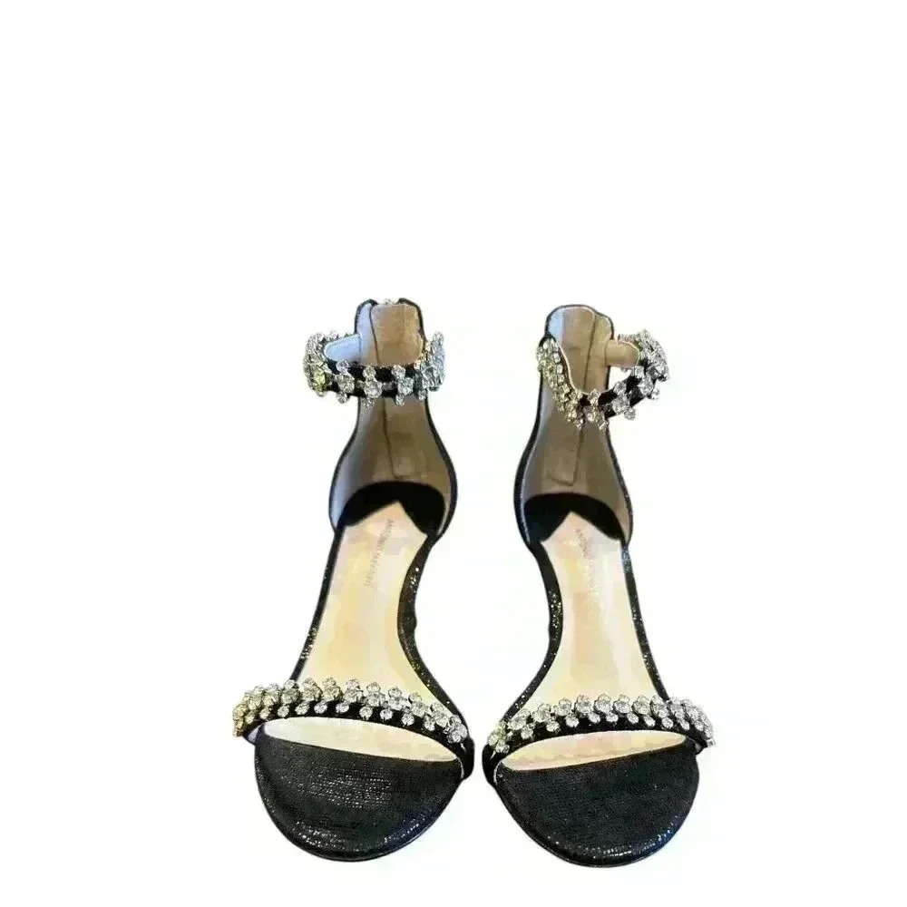 Antonio Melani Madalyn Black Rhinestone Ankle Strap Back Zip Leather Size 5 1/2,